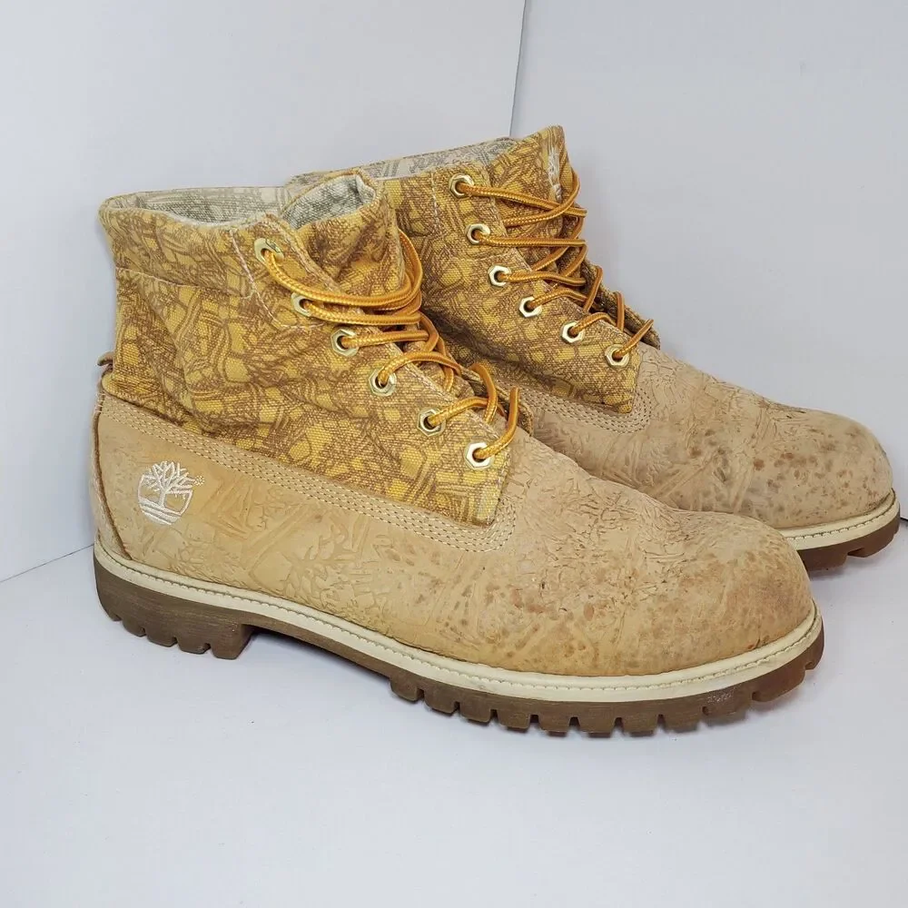 Rare Timberland Mens Anti Fatigue Canvas Embossed Leather Lace Up Boots Sz 11.5